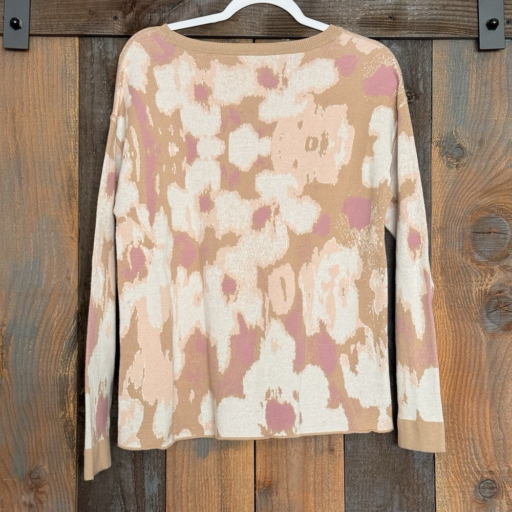 Tribal Floral Cotton Knit Sweater Women Medium Pink Tan - Picture 2 of 8